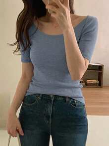 DAZY Women's Round Neck Fitted Short Sleeve Elegant T-Shirt, Gray, Spring/Summer,Business Casual Women - Dusty Blue - View 2