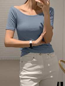 DAZY Women's Round Neck Fitted Short Sleeve Elegant T-Shirt, Gray, Spring/Summer,Business Casual Women - Dusty Blue - View 7