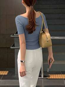 DAZY Women's Round Neck Fitted Short Sleeve Elegant T-Shirt, Gray, Spring/Summer,Business Casual Women - Dusty Blue - View 3