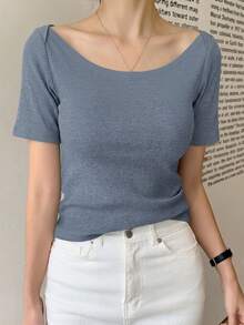 DAZY Women's Round Neck Fitted Short Sleeve Elegant T-Shirt, Gray, Spring/Summer,Business Casual Women - Dusty Blue - View 4