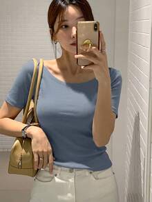 DAZY Women's Round Neck Fitted Short Sleeve Elegant T-Shirt, Gray, Spring/Summer,Business Casual Women - Dusty Blue - View 6