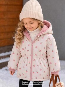 Cozy Pixies 女嬰編織花卉圖案人造毛領立領連帽休閒冬季夾克 - 彩色 - 查看 2