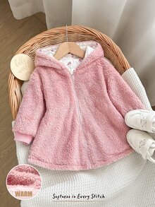 Cozy Pixies 女嬰編織花卉圖案人造毛領立領連帽休閒冬季夾克 - 彩色 - 查看 4
