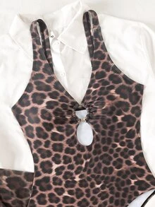 SHEIN Swim 豹纹随机深V性感连体泳衣，女士两件套，带网纱裹裙，沙滩度假性感泳装 - 彩色 - 查看 6