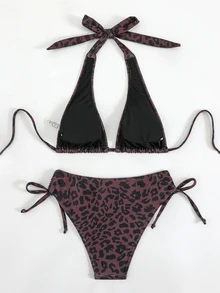 Swim Lushoire Women's Leopard Print Tie-Up Swimsuit Set - Coffee Brown - View 2