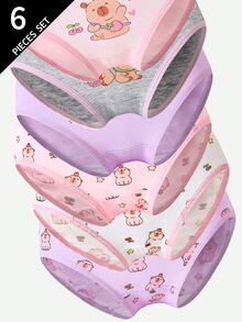 6pcs Young Girl Cute Cheeky Cartoon Print Cotton Briefs, Suitable For All Seasons Autumn Fall - Multicolor - View 4