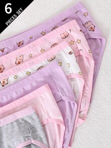 6pcs Young Girl Cute Cheeky Cartoon Print Cotton Briefs, Suitable For All Seasons Autumn Fall - Multicolor - View 3
