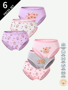 6pcs Young Girl Cute Cheeky Cartoon Print Cotton Briefs, Suitable For All Seasons Autumn Fall - Multicolor - View 1