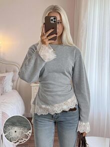 CovetEZ Women's Round Neck Drop Shoulder Long Sleeve Contrast Lace Hem Sweatshirt Teachers' Day Brunch Tea Party Gray Autumn French Elegant - Grey - View 7