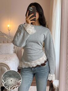CovetEZ Women's Round Neck Drop Shoulder Long Sleeve Contrast Lace Hem Sweatshirt Teachers' Day Brunch Tea Party Gray Autumn French Elegant - Grey - View 2