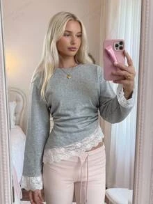 CovetEZ Women's Round Neck Drop Shoulder Long Sleeve Contrast Lace Hem Sweatshirt Teachers' Day Brunch Tea Party Gray Autumn French Elegant - Grey - View 8