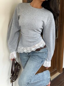 CovetEZ Women's Round Neck Drop Shoulder Long Sleeve Contrast Lace Hem Sweatshirt Teachers' Day Brunch Tea Party Gray Autumn French Elegant - Grey - View 6