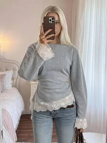 CovetEZ Women's Round Neck Drop Shoulder Long Sleeve Contrast Lace Hem Sweatshirt Teachers' Day Brunch Tea Party Gray Autumn French Elegant - Grey - View 3