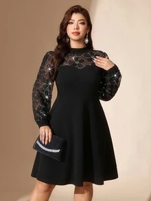 Comfylo Plus Size Elegant Commuter Floral Sequin Mesh Patchwork Dress - Black - View 3