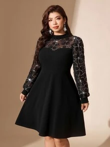 Comfylo Plus Size Elegant Commuter Floral Sequin Mesh Patchwork Dress - Black - View 6