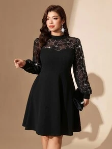 Comfylo Plus Size Elegant Commuter Floral Sequin Mesh Patchwork Dress - Black - View 8