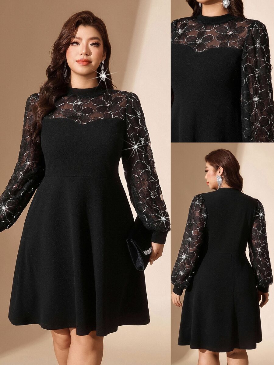 Comfylo Plus Size Elegant Commuter Floral Sequin Mesh Patchwork Dress - Black - View 1