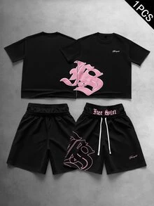 Manfinity Roghcode 男士街頭熱銷 INS 風格 TK 流行 Pavtros 品牌 Free Spirit 印花白灰配色拼接雙腰頭短褲，舒適穿著，日常穿搭，情人節禮物，居家遊戲，戶外音樂節，日常出遊，街頭玩樂，朋友聚會，兒童禮物，男友/丈夫禮物，週年紀念禮物 - 黑色 - 查看 2