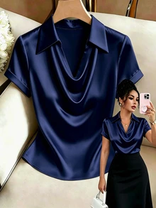 SHEIN Women's Elegant Solid Color Satin Cowl Neck Ruched Short Sleeve Blouse, Suitable For Office, Home, Daily Wear - Navy Blue - View 3