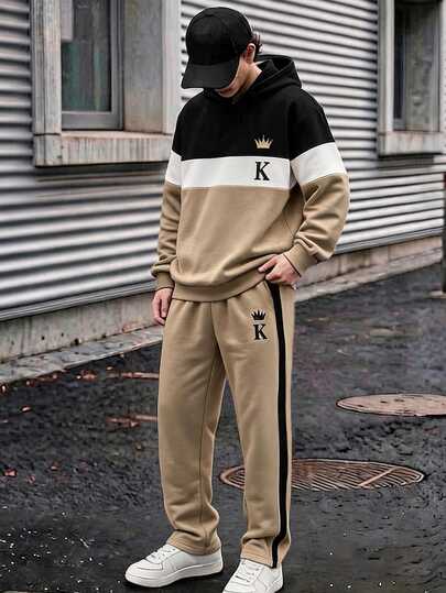 Teen Boys' Colorblock Hoodie And Side Stripe Sweatpants Set, Crown Letter Patch 2-Piece Casual Athletic Tracksuit Outfit