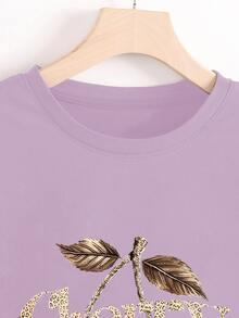 INAWLY Fashionable Street Style Leopard & Cherry Print Women Crew Neck Short Sleeve Top - Mauve Purple - View 4