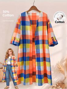 Rusticease Plus Size Plaid Colorful Long Sleeve Open Front Jacket Fall Autumn Casual Capsule Layering Vacation Going Out Family Vacation Outfits Women - Multicolor - View 1