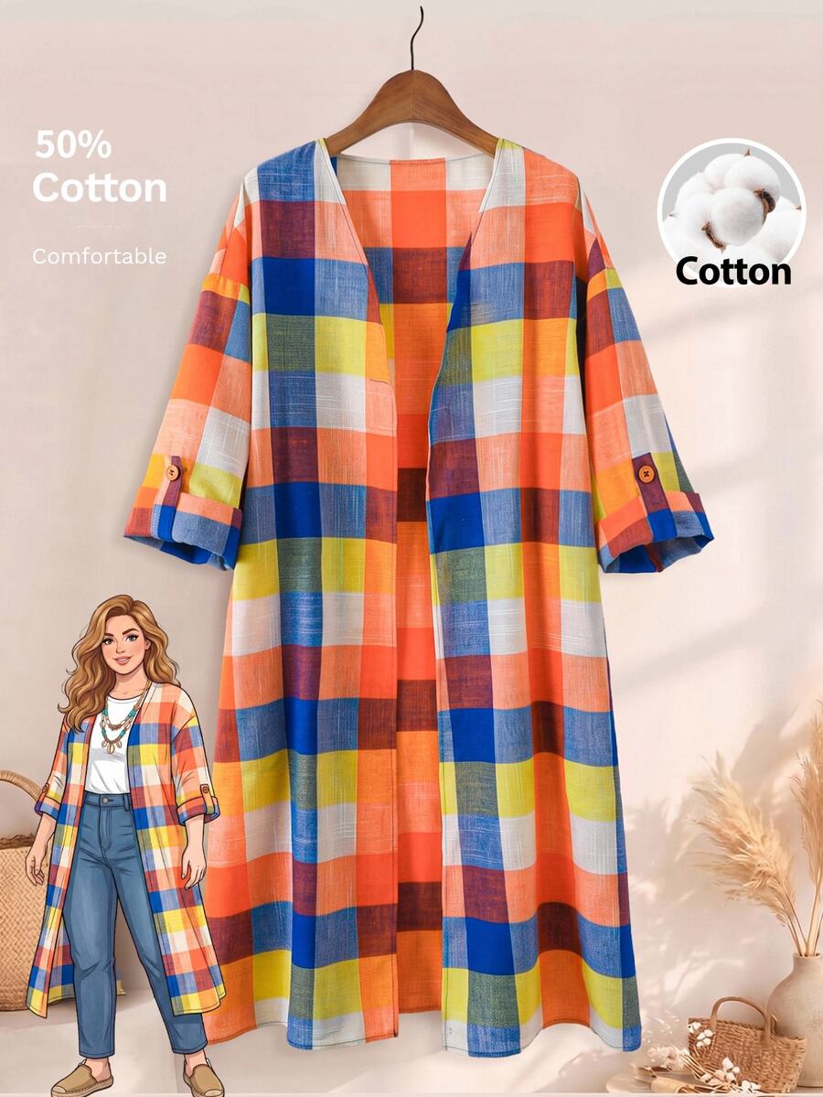 Rusticease Plus Size Plaid Colorful Long Sleeve Open Front Jacket Fall Autumn Casual Capsule Layering Vacation Going Out Family Vacation Outfits Women - Multicolor - View 1