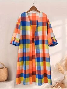 Rusticease Plus Size Plaid Colorful Long Sleeve Open Front Jacket Fall Autumn Casual Capsule Layering Vacation Going Out Family Vacation Outfits Women - Multicolor - View 7