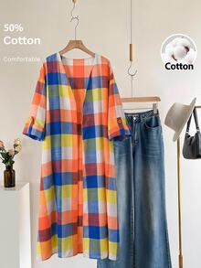 Rusticease Plus Size Plaid Colorful Long Sleeve Open Front Jacket Fall Autumn Casual Capsule Layering Vacation Going Out Family Vacation Outfits Women - Multicolor - View 9