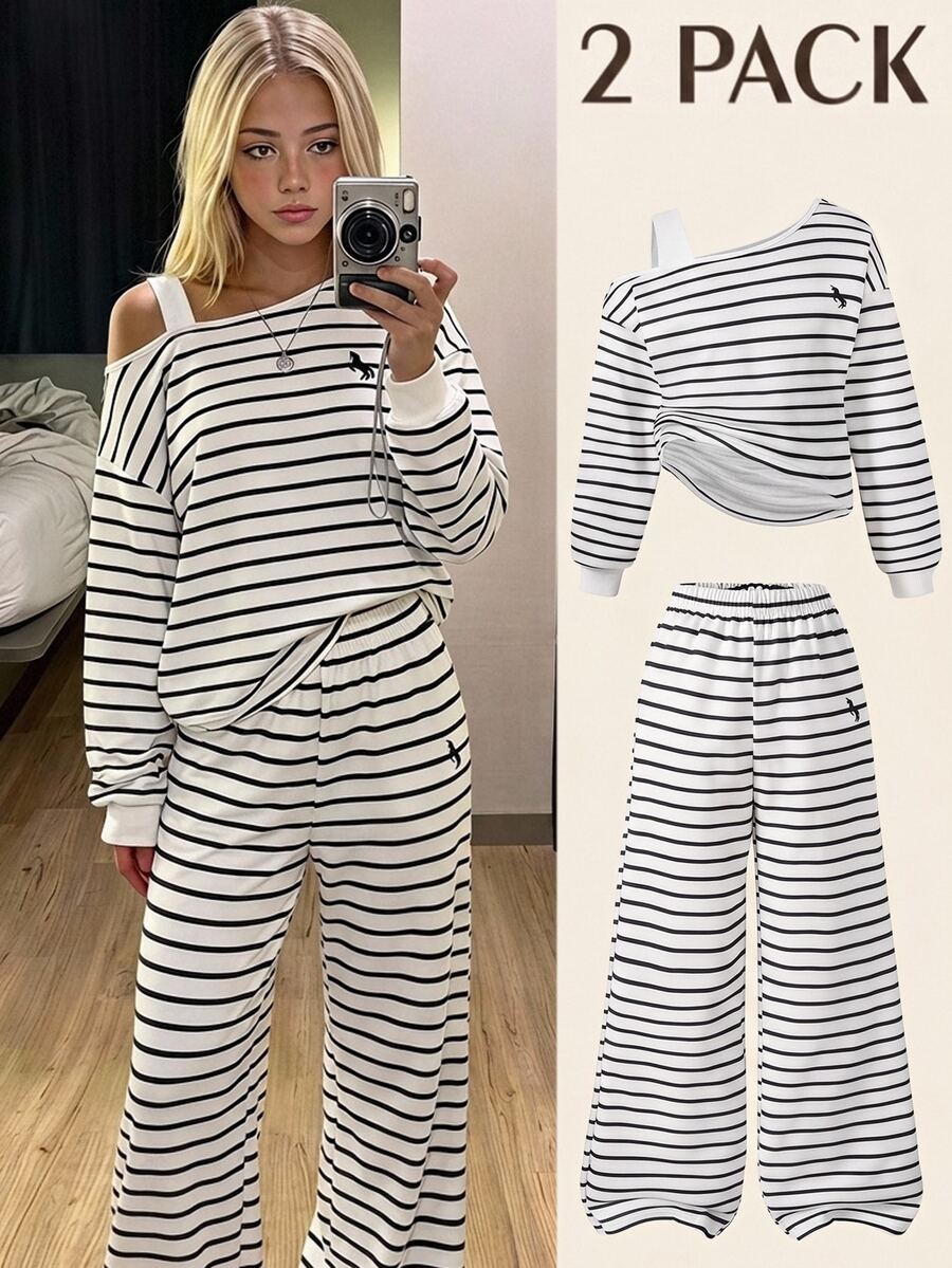 SHEIN 女童秋冬衛衣套裝，不對稱肩帶拼接露肩短版上衣，黑白條紋印花校園風