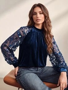 Anewsta ملابس علوية نسائية من المخمل بتصميم رقعات وتطريز خرزي ثلاثي الأبعاد على شكل زهور مع أكمام راجلان من الشبك، متعددة الاستخدامات، أنيقة وكاجوال، للخريف/الشتاء - أزرق بحري - مشاهدة 3