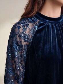 Anewsta ملابس علوية نسائية من المخمل بتصميم رقعات وتطريز خرزي ثلاثي الأبعاد على شكل زهور مع أكمام راجلان من الشبك، متعددة الاستخدامات، أنيقة وكاجوال، للخريف/الشتاء - أزرق بحري - مشاهدة 5