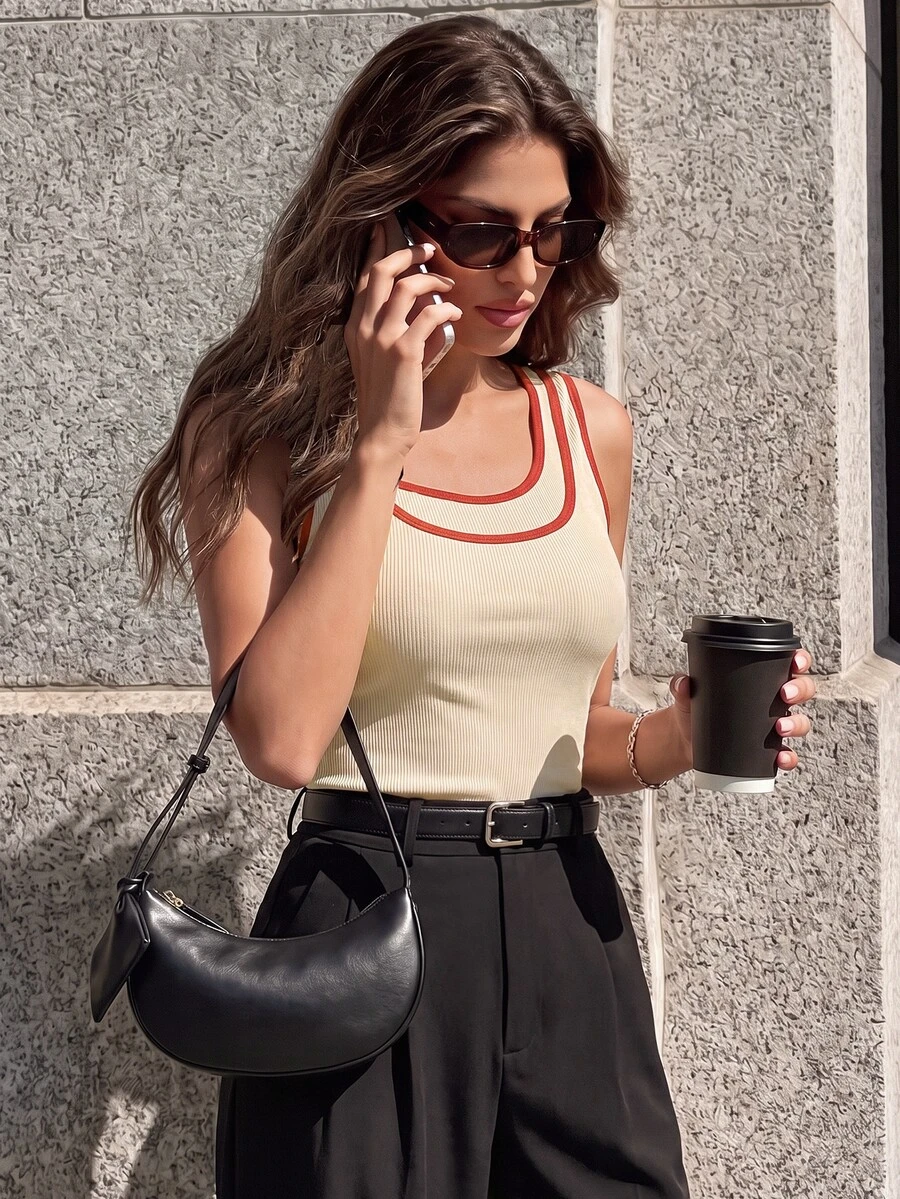 Anewsta Women's Contrast Color Double Layer Design Knit Top, Elegant 80s 70s Casual Versatile Slim Fit Fashion Vest Everyday Beige - Apricot - View 1