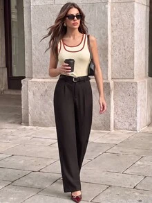Anewsta Women's Contrast Color Double Layer Design Knit Top, Elegant 80s 70s Casual Versatile Slim Fit Fashion Vest Everyday Beige - Apricot - View 5