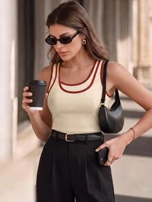 Anewsta Women's Contrast Color Double Layer Design Knit Top, Elegant 80s 70s Casual Versatile Slim Fit Fashion Vest Everyday Beige - Apricot - View 6