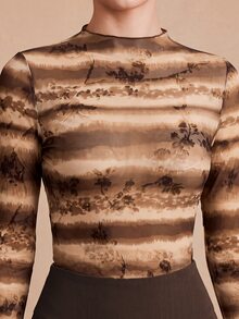 Anewsta Vintage Brown Striped Flocked Floral Mesh Long Sleeve Top For Women, Semi-High Neck Slim Fit Elastic Base Layer, American Style Gradient Print Slimming Innerwear - Brown - View 3