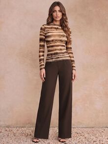 Anewsta Vintage Brown Striped Flocked Floral Mesh Long Sleeve Top For Women, Semi-High Neck Slim Fit Elastic Base Layer, American Style Gradient Print Slimming Innerwear - Brown - View 5