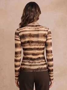 Anewsta Vintage Brown Striped Flocked Floral Mesh Long Sleeve Top For Women, Semi-High Neck Slim Fit Elastic Base Layer, American Style Gradient Print Slimming Innerwear - Brown - View 2