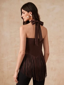 Anewsta Atasan Tank Top Bodycon Wanita Elegan Musim Gugur/Dingin Bahan Suede Imitasi Leher Halter dengan Hiasan Rumbai - Coklat - View 2
