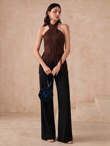 Anewsta Atasan Tank Top Bodycon Wanita Elegan Musim Gugur/Dingin Bahan Suede Imitasi Leher Halter dengan Hiasan Rumbai - Coklat - View 6