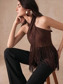 Anewsta Atasan Tank Top Bodycon Wanita Elegan Musim Gugur/Dingin Bahan Suede Imitasi Leher Halter dengan Hiasan Rumbai - Coklat - View 7