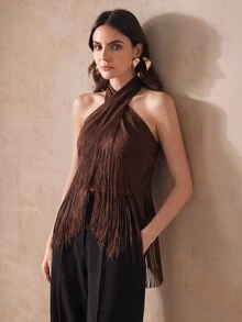Anewsta Atasan Tank Top Bodycon Wanita Elegan Musim Gugur/Dingin Bahan Suede Imitasi Leher Halter dengan Hiasan Rumbai - Coklat - View 5