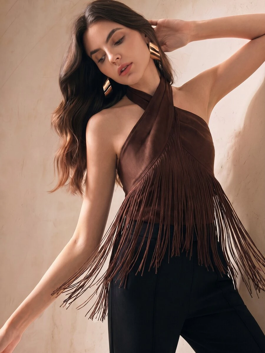 Anewsta Atasan Tank Top Bodycon Wanita Elegan Musim Gugur/Dingin Bahan Suede Imitasi Leher Halter dengan Hiasan Rumbai - Coklat - View 1