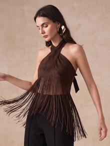 Anewsta Atasan Tank Top Bodycon Wanita Elegan Musim Gugur/Dingin Bahan Suede Imitasi Leher Halter dengan Hiasan Rumbai - Coklat - View 3