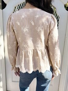 Serisse Women's Curved V-Neck Front Tie Striped Ruffle Hem Fashion Blouse - Khaki - View 2