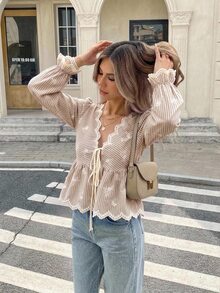 Serisse Women's Curved V-Neck Front Tie Striped Ruffle Hem Fashion Blouse - Khaki - View 1