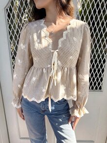 Serisse Women's Curved V-Neck Front Tie Striped Ruffle Hem Fashion Blouse - Khaki - View 8