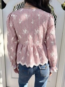 Serisse Women's Sweet Embroidered Tie-Up Striped Fashion Shirt - Red and White - View 2