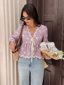 Serisse Women's Sweet Embroidered Tie-Up Striped Fashion Shirt - Red and White - View 4