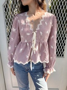 Serisse Women's Sweet Embroidered Tie-Up Striped Fashion Shirt - Red and White - View 8